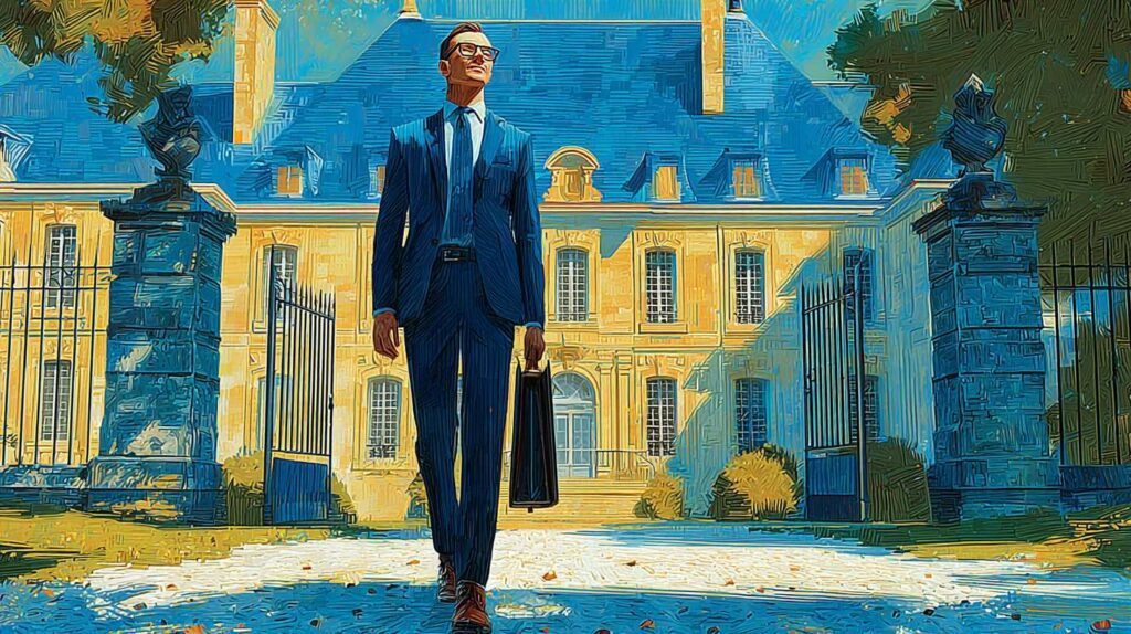Avocat indépendant devant la façade et la grille d'entrée du Château de Morsang à Morsang-sur-Orge