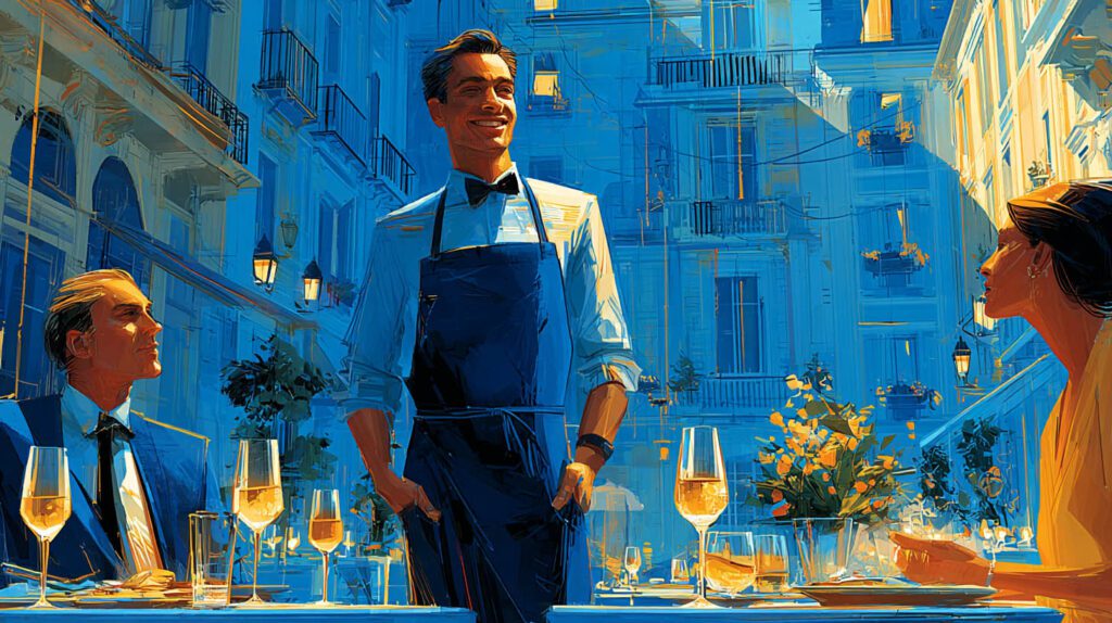 Restaurateur accueillant des clients sur la terrasse de son restaurant du centre-ville historique de Saint-Germain-en-Laye