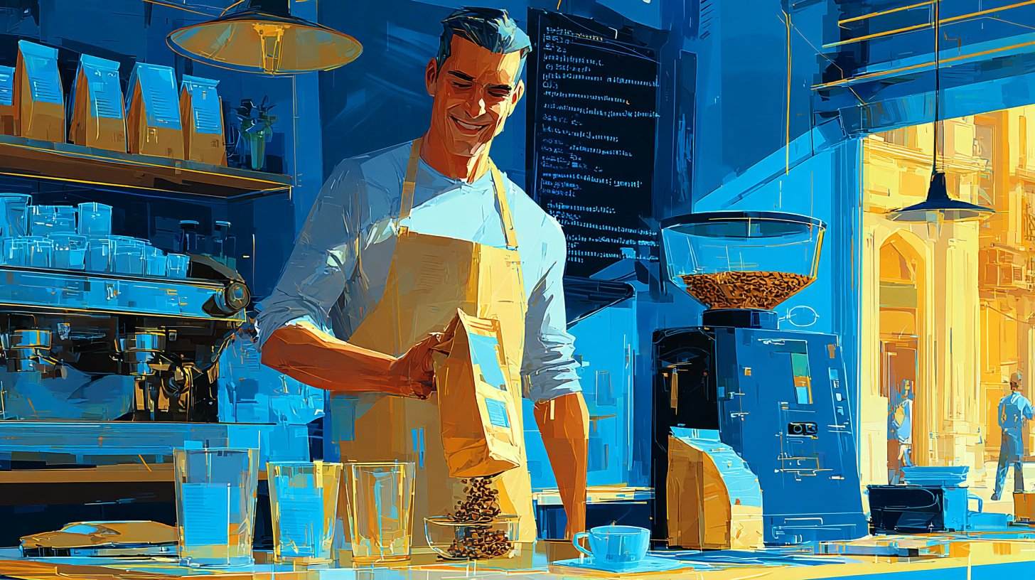 Torréfacteur souriant remplissant un sachet de grains de café derrière son comptoir à Sainte-Geneviève-des-Bois