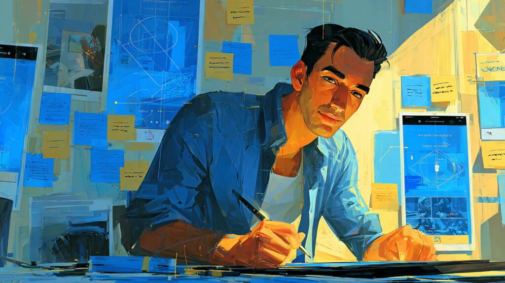 UX designer freelance dessinant des wireframes d'application sur sa tablette graphique à Montigny-le-Bretonneux