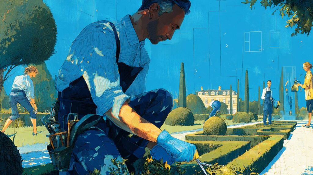 Paysagiste taillant des topiaires dans des jardins versaillais — création d'entreprise — expert-comptable Yvelines
