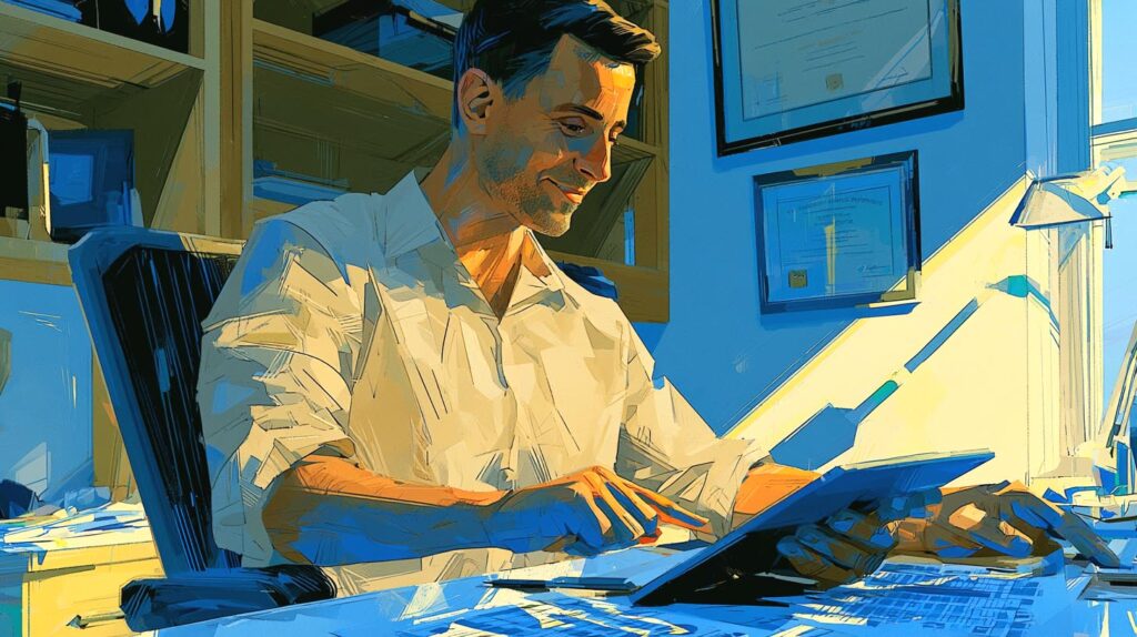 Chirurgien-dentiste consultant une tablette à son bureau, gestion suivie par un expert-comptable pour dentistes