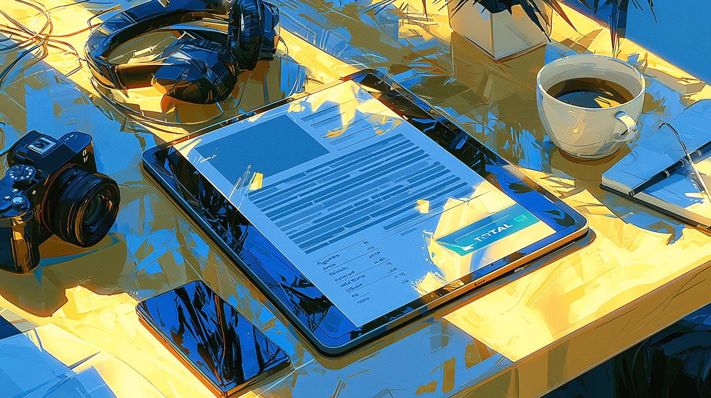 Tablette affichant un devis sur le bureau d'un créateur, comptabilité suivie par un expert-comptable pour influenceurs