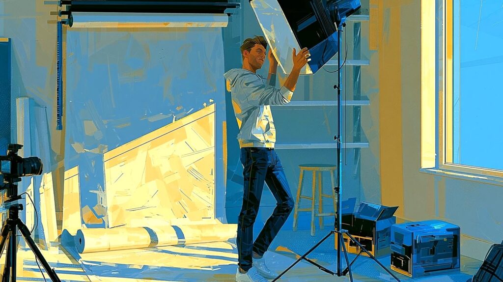 Créateur de contenu installant un éclairage softbox dans son nouveau studio photo