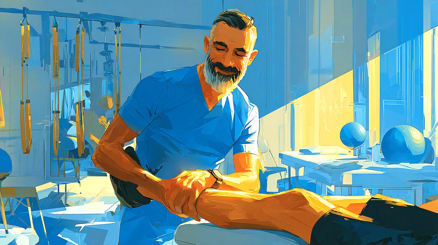 Kinésithérapeute mobilisant la jambe d'un patient allongé sur la table de soin de son cabinet