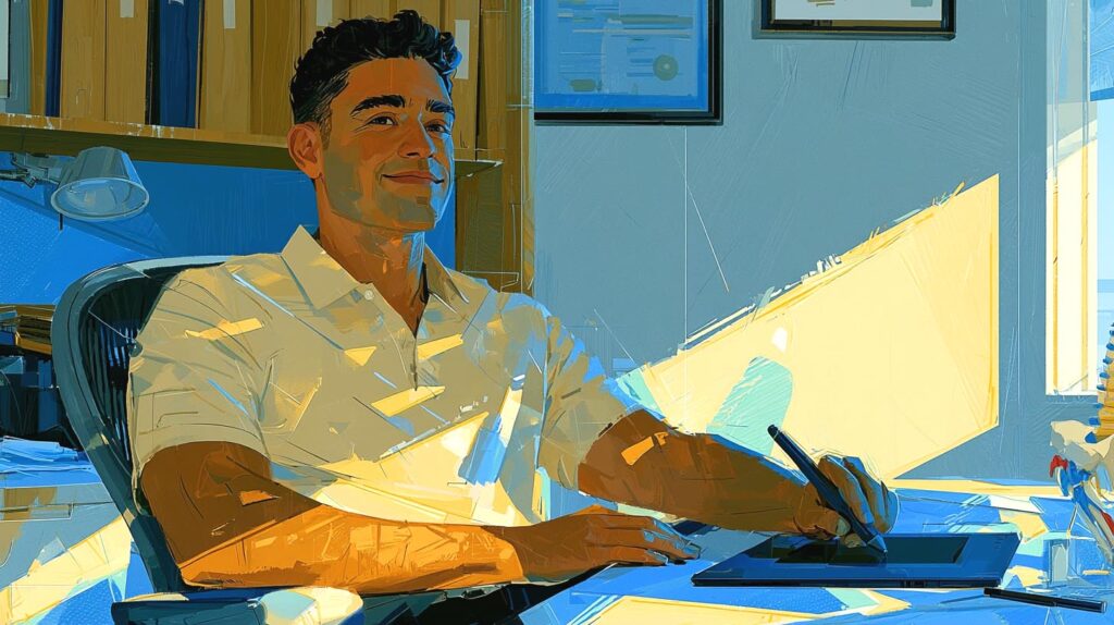 Kinésithérapeute annotant une tablette graphique à son bureau, suivi par un expert-comptable pour kinésithérapeutes