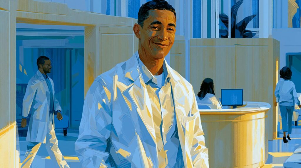 Médecin libéral souriant dans le hall d'accueil animé d'un cabinet médical