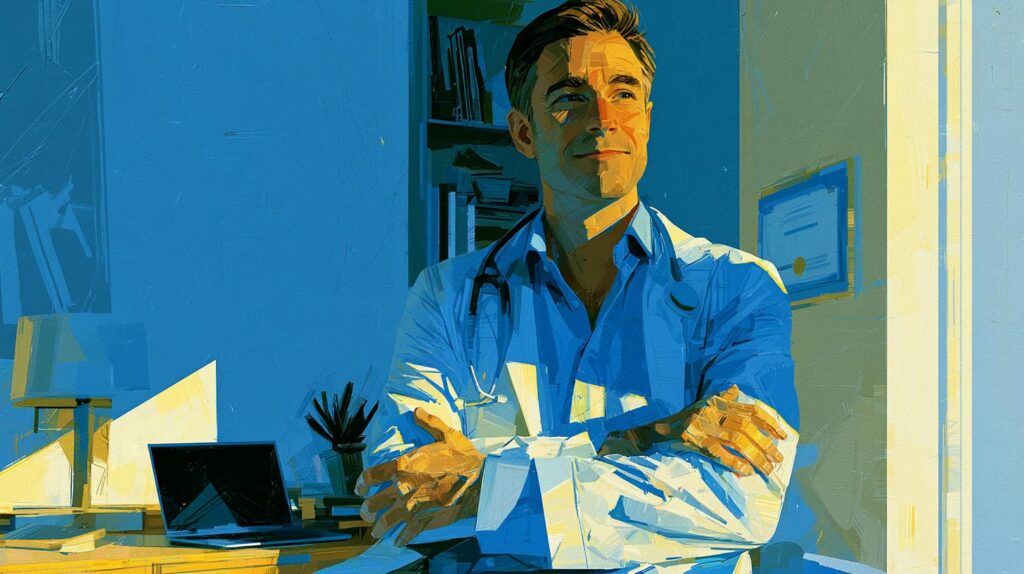 Médecin libéral bras croisés dans son bureau