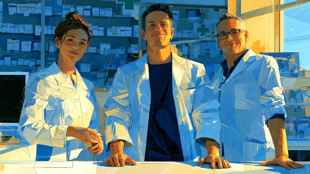 Équipe d'une pharmacie souriante derrière le comptoir
