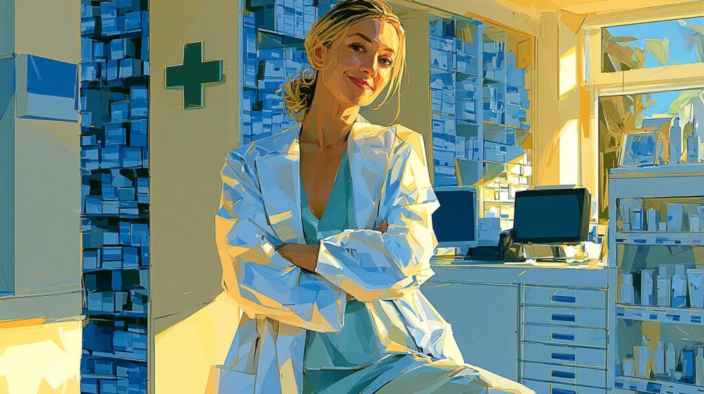 Pharmacienne souriante bras croisés dans son officine