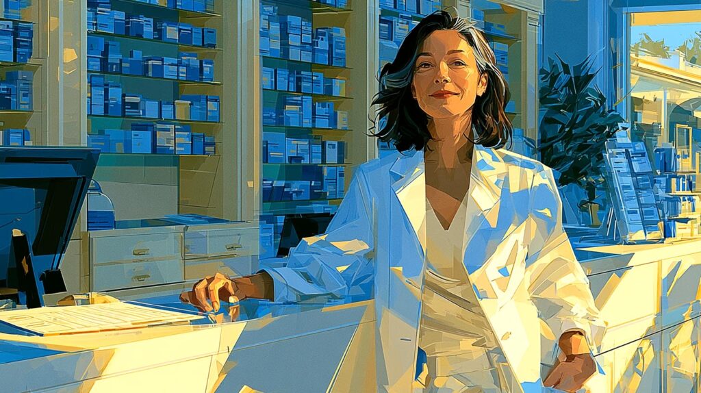 Pharmacienne installée au comptoir de son officine