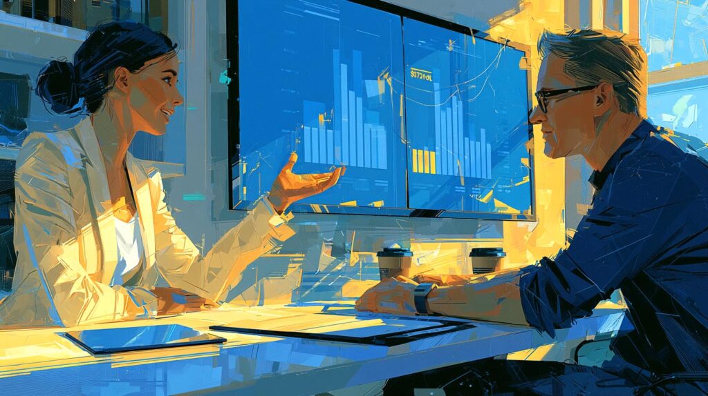Experte-comptable et associé de SCI comparant des graphiques chiffrés sur un écran de bureau