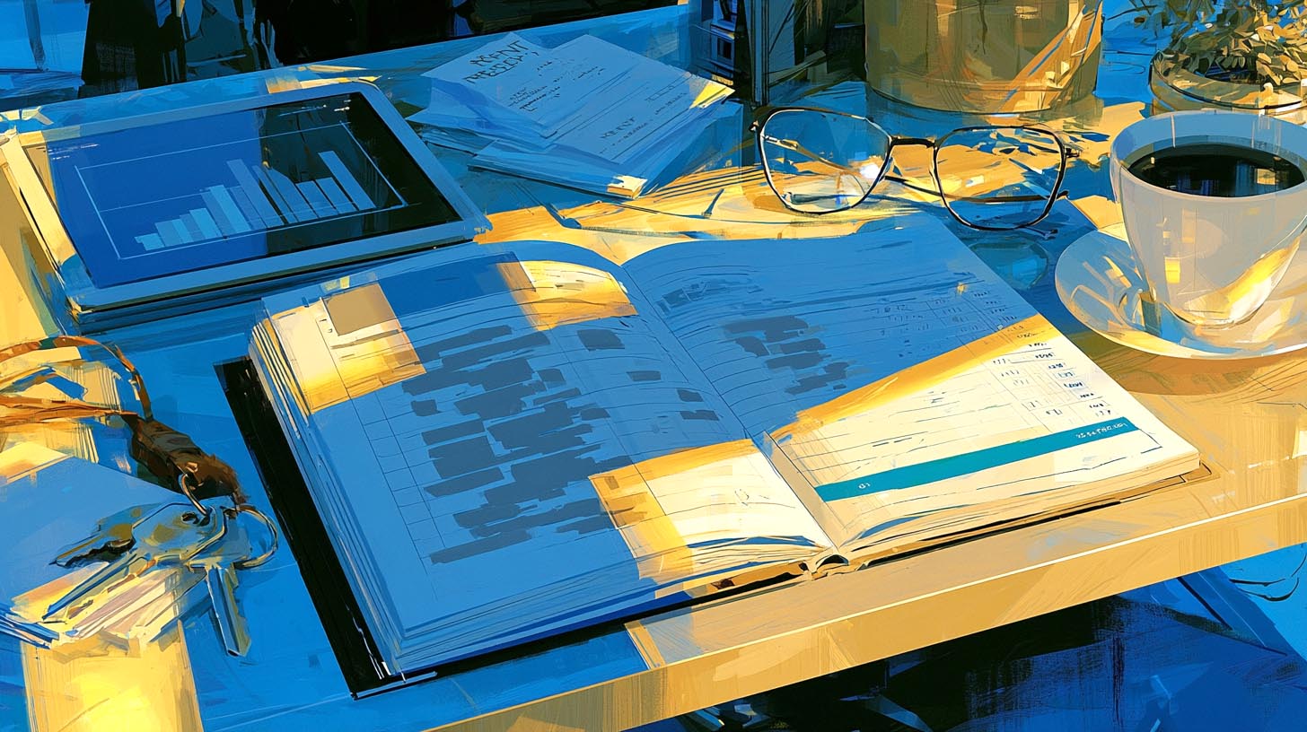 Registre comptable d'une SCI ouvert sur un bureau, tablette, clés et lunettes autour