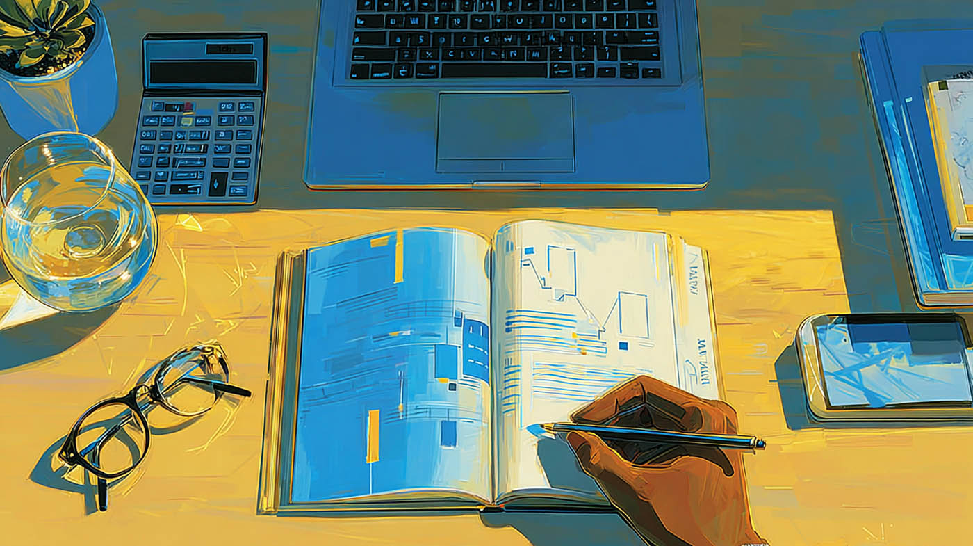 Bureau avec calculatrice, ordinateur et carnet ouvert sur un schéma de groupe, chiffrage d'un projet de holding