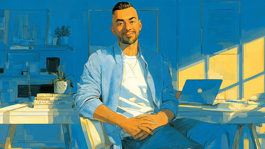 Dirigeant souriant assis à son bureau avec un ordinateur portable, lancement et projections d'une SARL