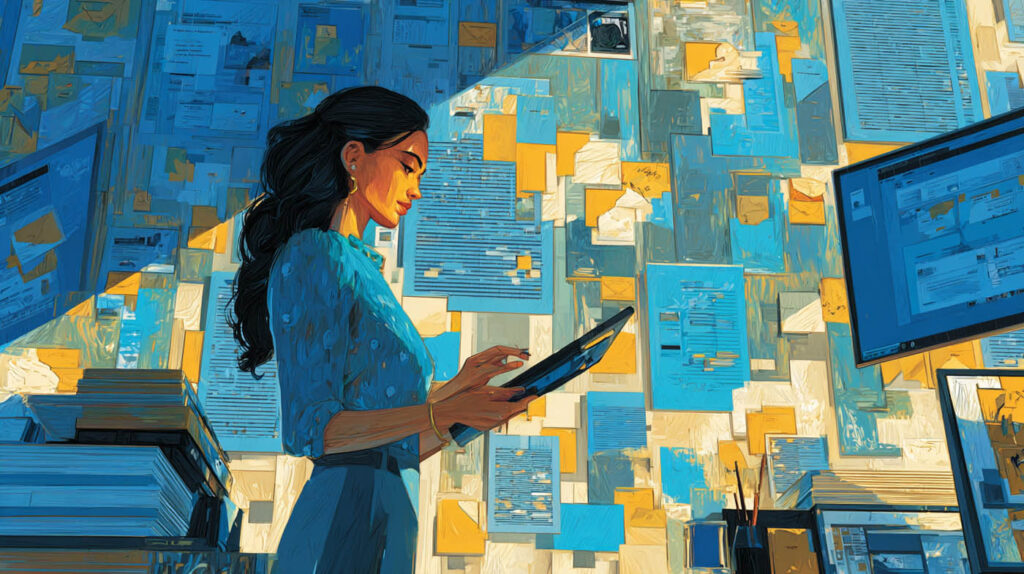 Experte-comptable consultant une tablette devant un mur de documents