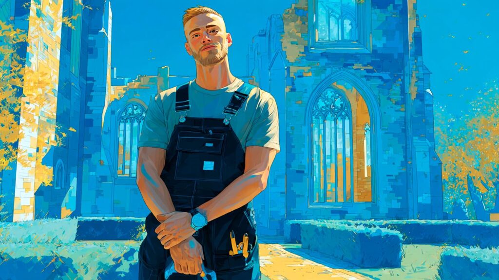 Paysagiste en salopette devant les ruines de l'abbaye du Lys à Dammarie-les-Lys, artisan accompagné par son expert-comptable