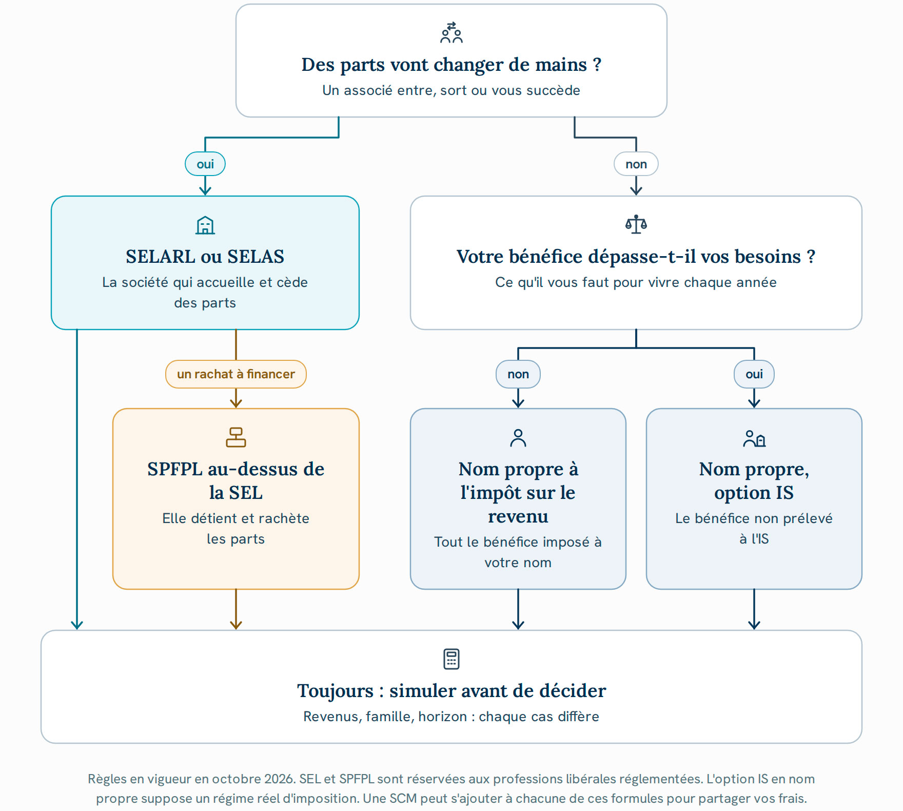 Arbre de décision : nom propre, option IS, SELARL ou SELAS puis SPFPL, selon les projets et les revenus d'un professionnel libéral dans les Yvelines