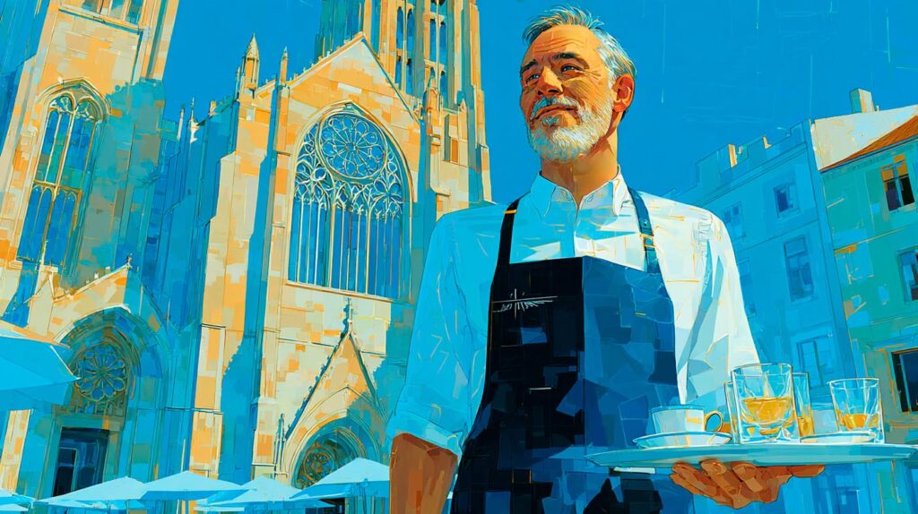 Gérant de café portant un plateau de boissons devant la cathédrale Saint-Étienne de Meaux, comptabilité des commerçants