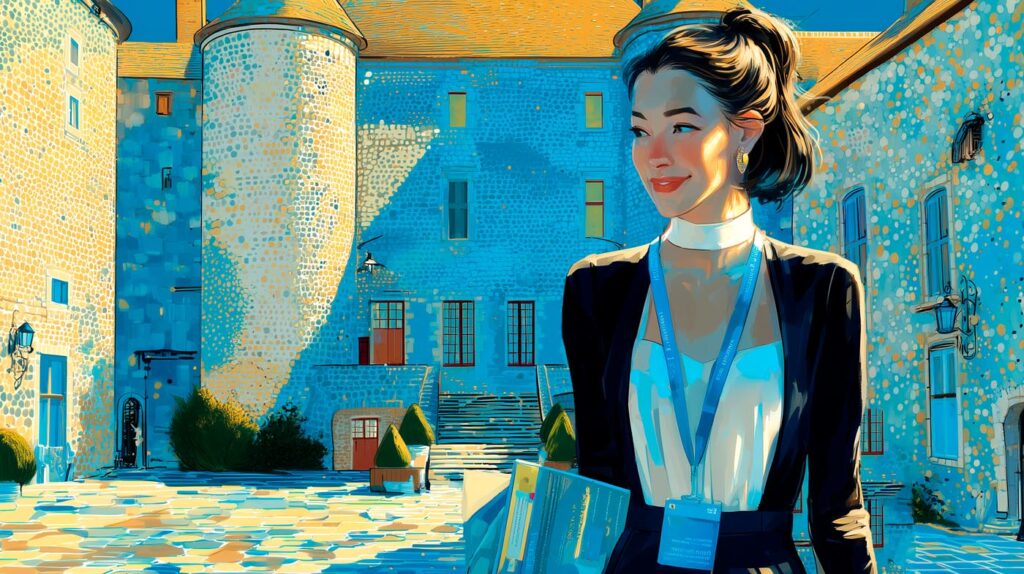 Guide du musée tenant des brochures dans la cour d'honneur du château de Nemours