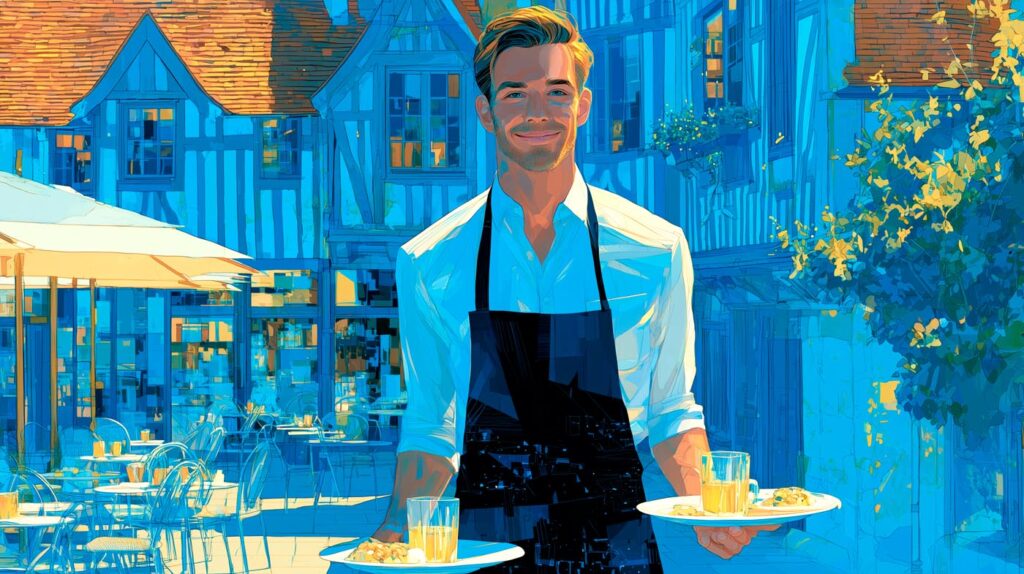 Serveur en terrasse de restaurant dans la cité médiévale de Provins, expert-comptable pour la restauration
